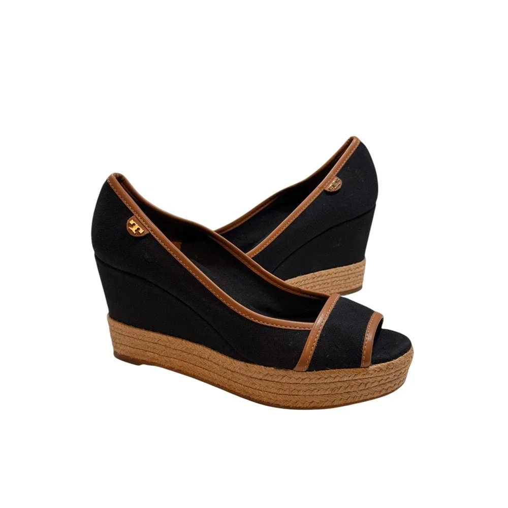 Tory Burch Majorca Espadrille Wedge Peep Toe Canvas Black/Tan EU 37.5 US 7